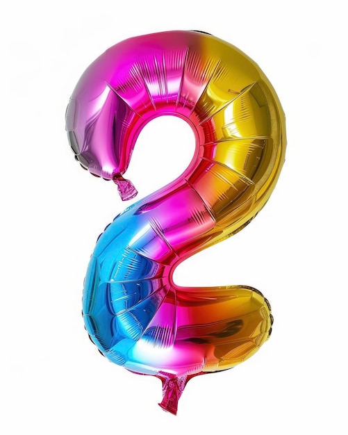 Colorful bright and vibrant birthday foil balloon in shape on number 2 isolated on white