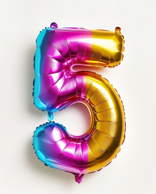 Colorful bright and vibrant birthday foil balloon in shape on number 5 isolated on white