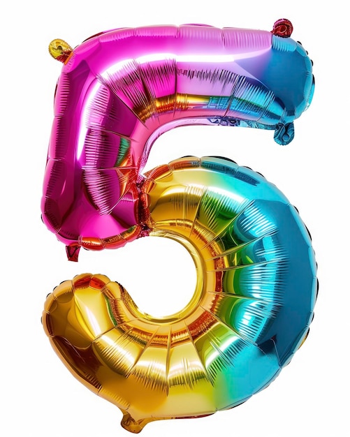 Colorful bright and vibrant birthday foil balloon in shape on number 5 isolated on white