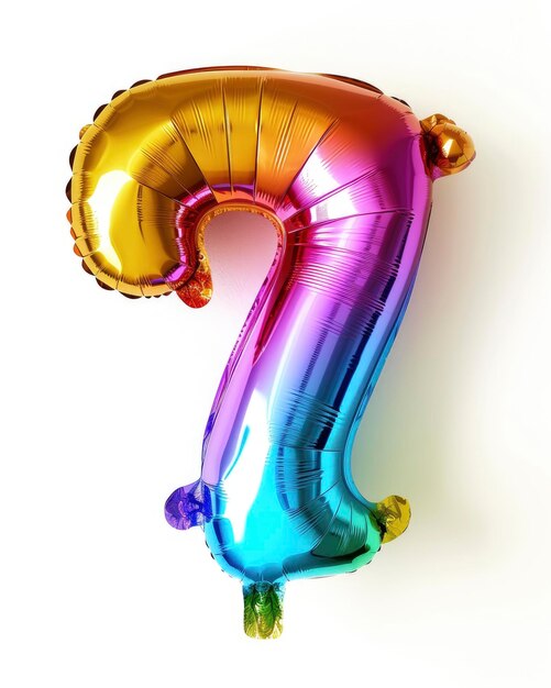 Colorful bright and vibrant birthday foil balloon in shape on number 7 isolated on white