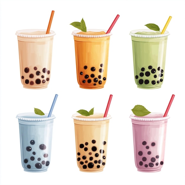 Colorful bubble tea drinks in transparent glass cups on a white isolated background Various