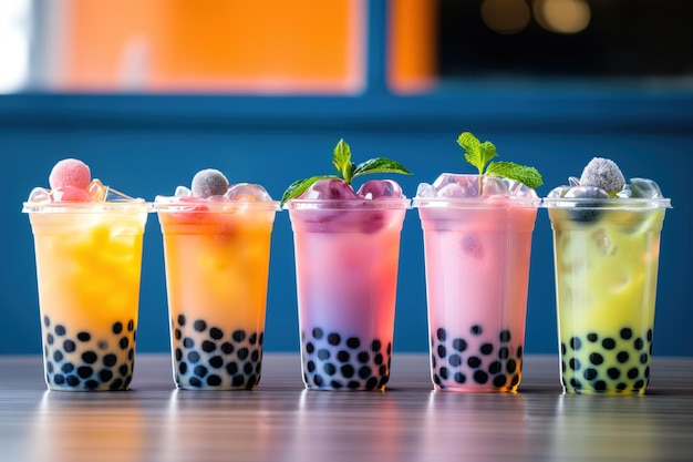 Colorful bubble tea in glasses with boba floating in water Different flavors of cold drink