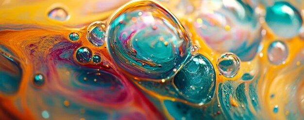 Colorful bubbles floating on psychedelic swirls creating abstract pattern