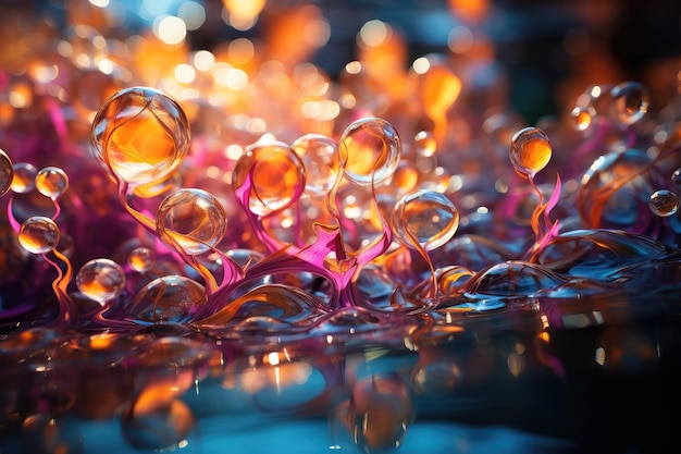 Colorful bubbles rising on water Colorful water drop background