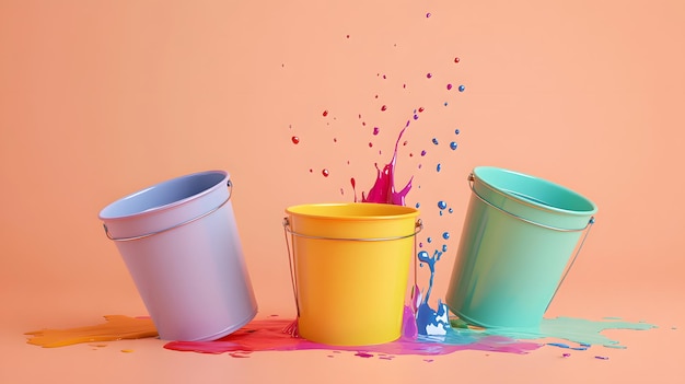 Photo colorful buckets with paint splashes