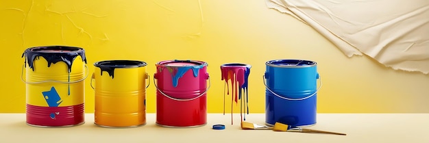 Photo colorful buckets with paint on them one of which is red purple and blue