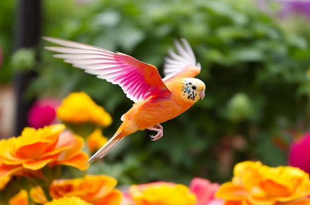 Colorful budgie bird flying in greenhouse Generative ai