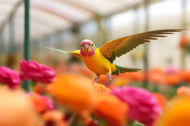 Colorful budgie bird flying in greenhouse Generative ai