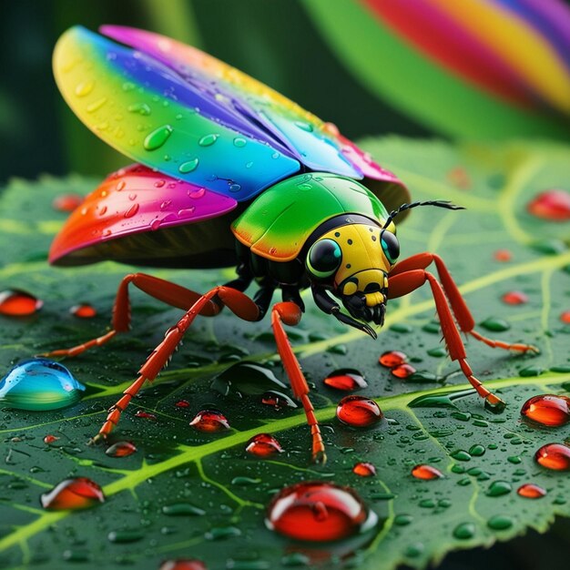 Photo a colorful bug is on a leaf with a rainbow colored top