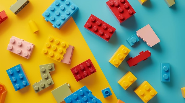 Colorful building blocks scattered on a yellow and blue background showcasing creativity and play