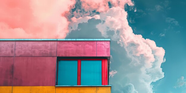 Colorful Building Facade with Cotton Candy Clouds Sky