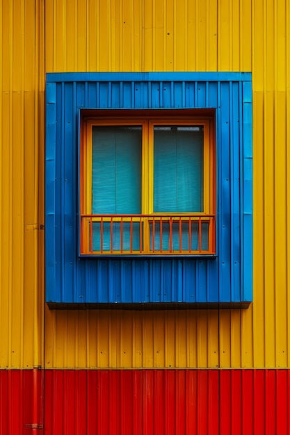 Colorful building has window with blue and orange frames