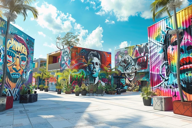 a colorful building with a mural of a man and a woman on the side