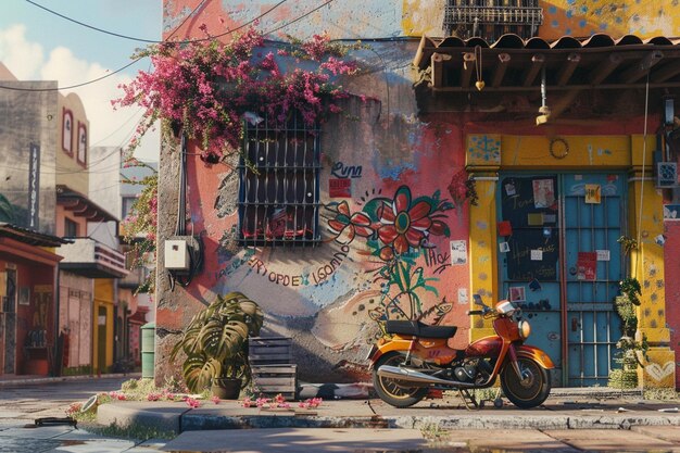 a colorful building with a mural of a motorcycle and a sign that says  bou