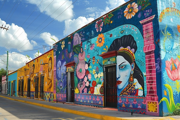 a colorful building with a mural of a woman on the side of it