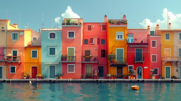 a colorful building with a painting of a house that says  the bottom right corner