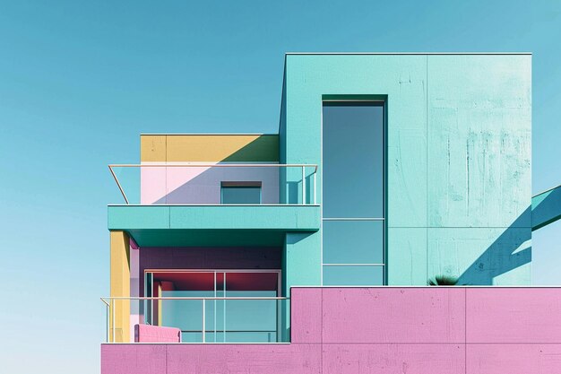 Photo a colorful building with a pink and blue color scheme