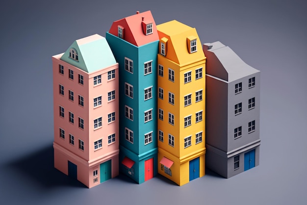 Colorful buildings city on gray background Generative AI