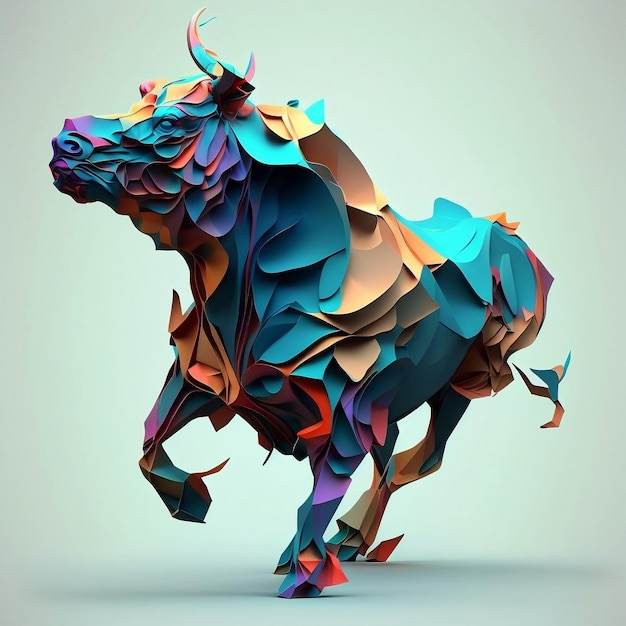 A colorful bull is made up of triangles and triangles.