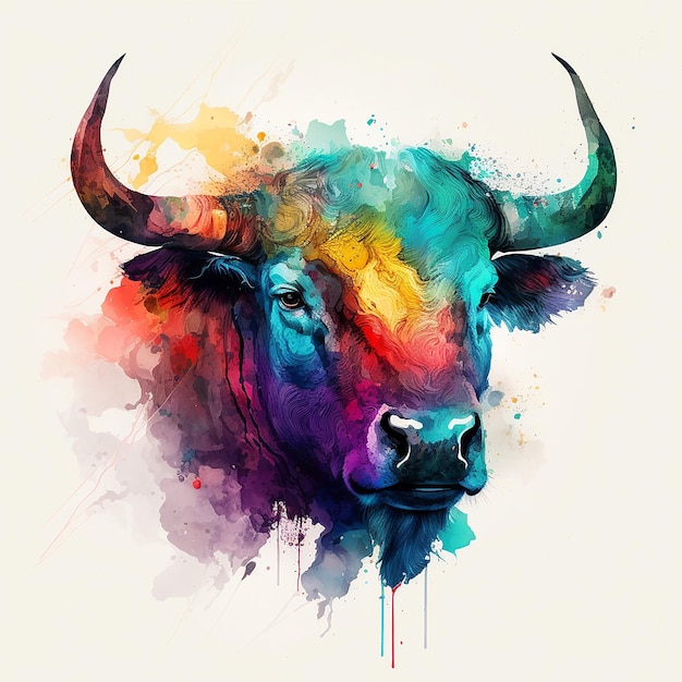 A colorful bull with horns is painted on its face.