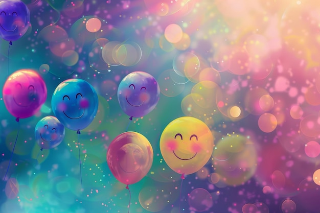 A colorful bunch of balloons with smiling faces are floating in the air