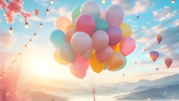 a colorful bunch of balloons with the sun behind them