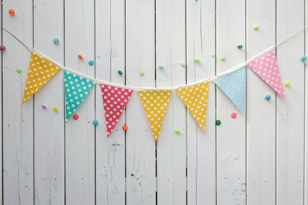 Photo a colorful bunting flags on a white wood wall