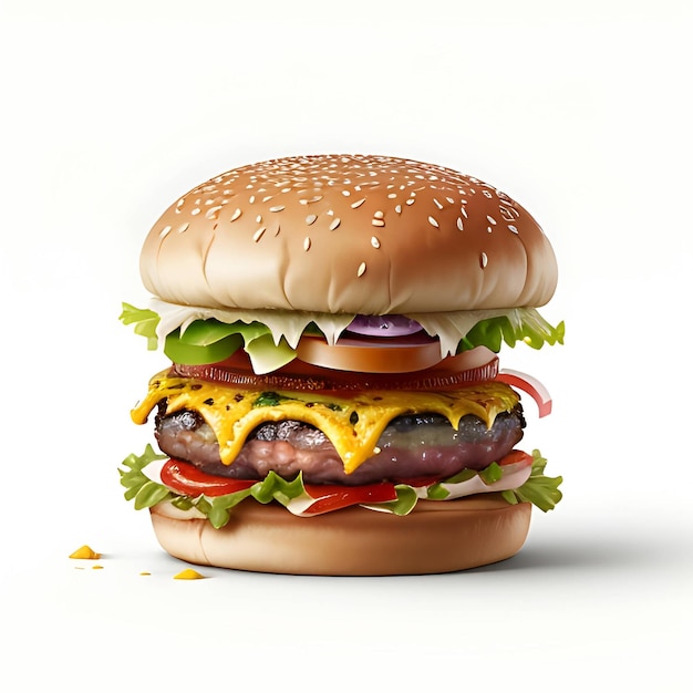 colorful burger ingredients scattered all around a white background