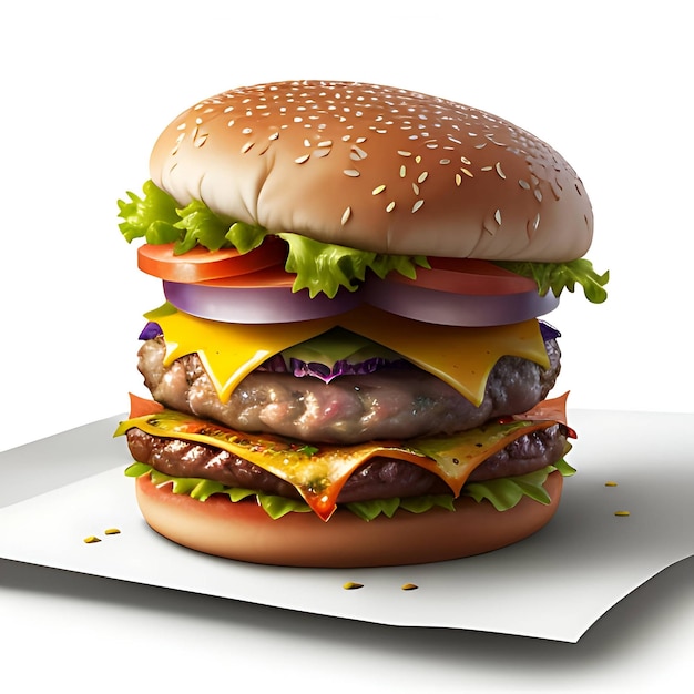 colorful burger ingredients scattered all around a white background