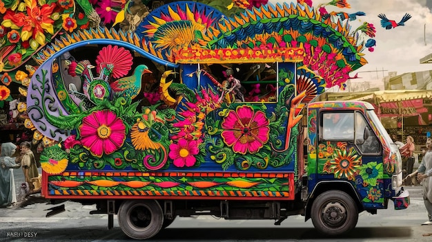 a colorful bus with a colorful peacock painted on the side of it