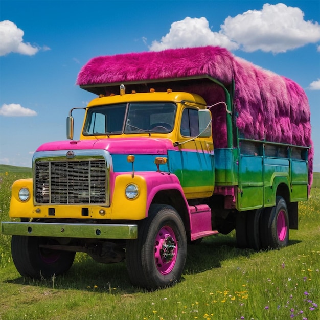 a colorful bus with a rainbow colored top and a purple blanket on the front