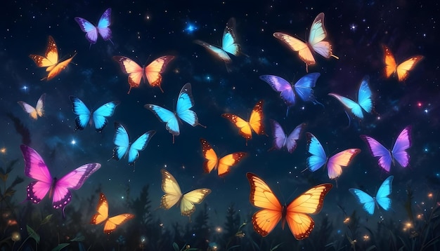 colorful butterflies are flying in the night sky