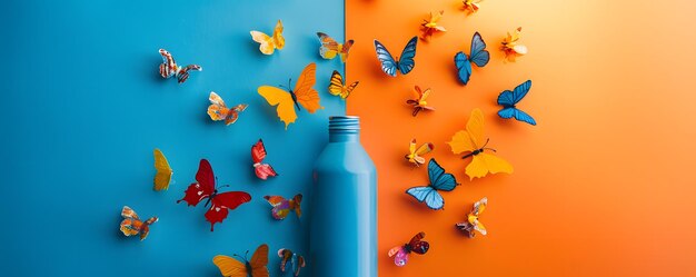 Colorful butterflies emerging from bottle on dual tone background