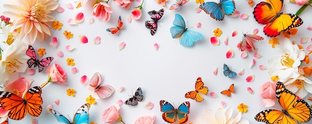 Colorful butterflies and flower petals forming a frame on a white background with copy space