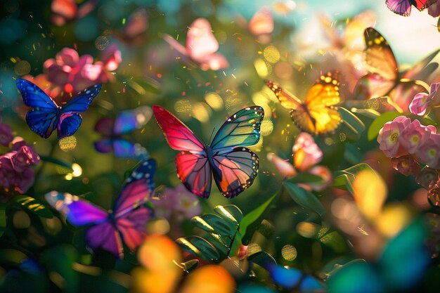 Colorful butterflies fluttering in a garden