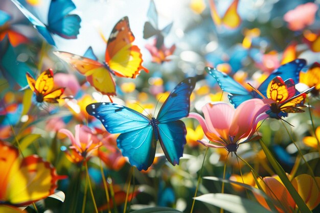 Colorful butterflies fluttering in a garden