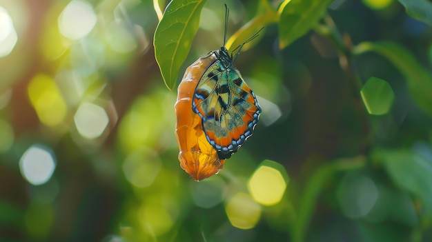 A colorful butterfly emerges from its chrysalis hanging from a leaf