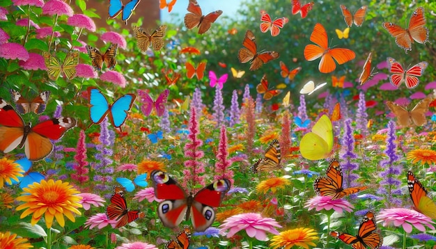 Photo colorful butterfly garden full of vibrant butterflies diverse flowers in photorealistic style