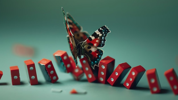 A colorful butterfly hovers above falling dominoes creating a whimsical and unexpected scene