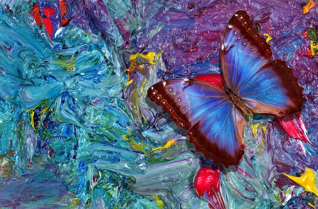 A colorful butterfly is on a colorful surface.