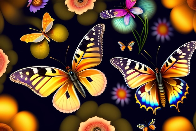 A colorful butterfly is on a dark background with a black background.