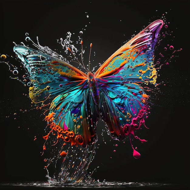 A colorful butterfly is depicted in the form of paint splashes 3D illustration