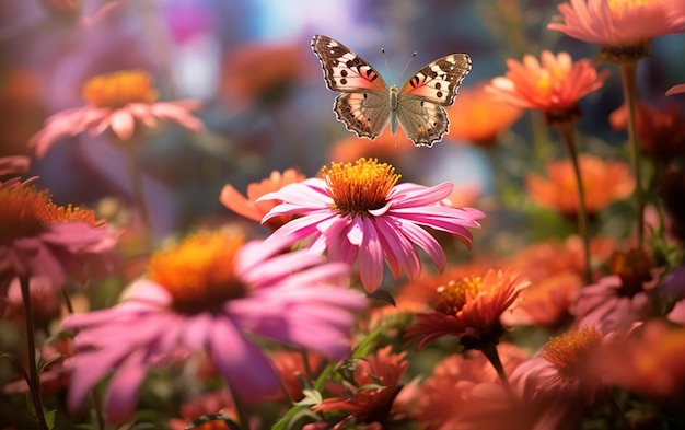 A colorful butterfly is flying over a pink flower.