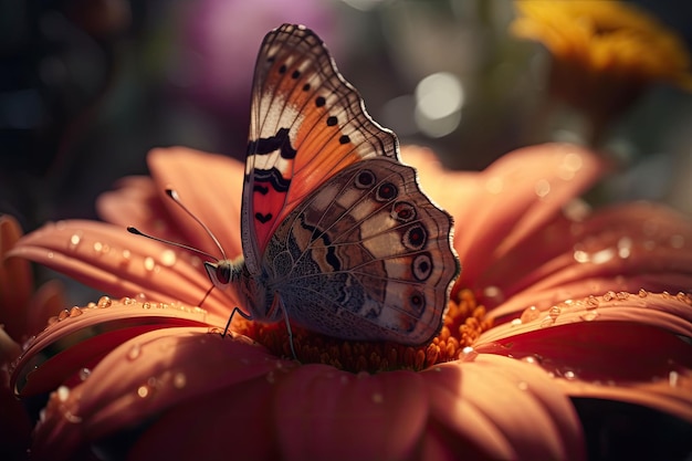 Colorful butterfly is sitting on a flower close up Butterfly in the morning nature Generative AI