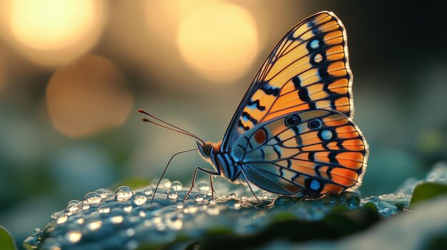 Colorful Butterfly on Leaf with Dew Droplets