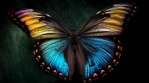 A colorful butterfly sits on a piece of wood