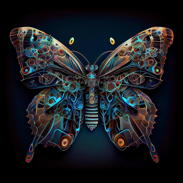 A colorful butterfly with a black background and a blue background.