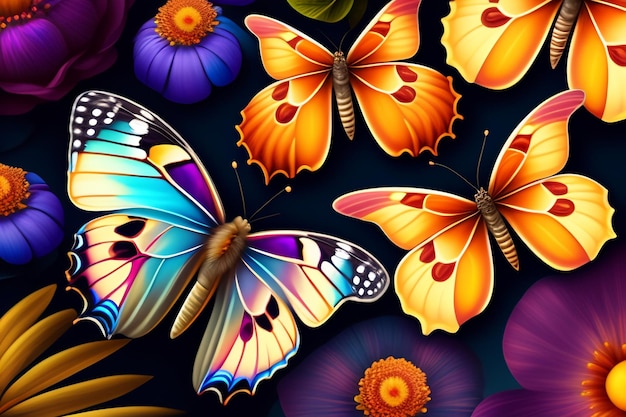 A colorful butterfly with a black background and a purple flower.