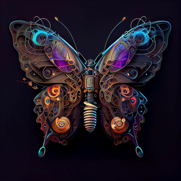 A colorful butterfly with a black background and the word robot on it.