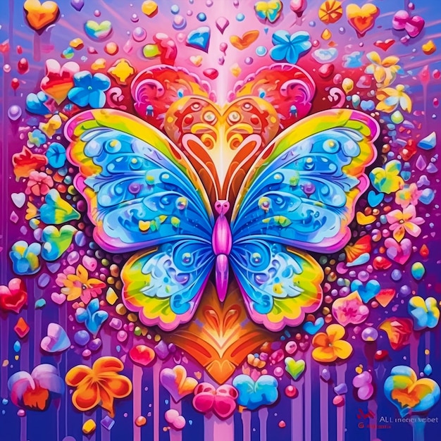 A colorful butterfly with a heart shaped pattern.